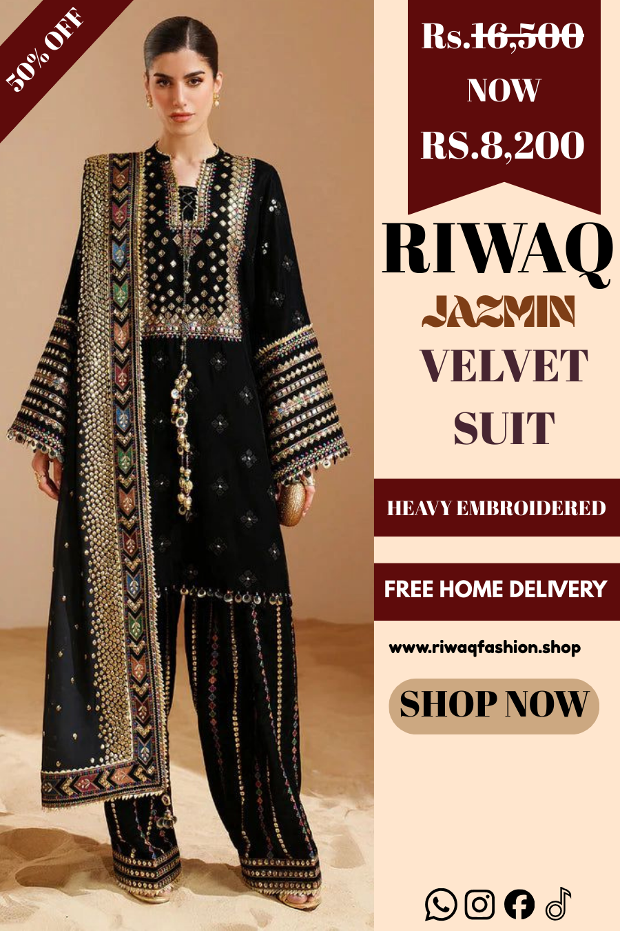 JAZMIN Velvet Elegance – Luxury Unstitched Replica with 9MM Sequin Work