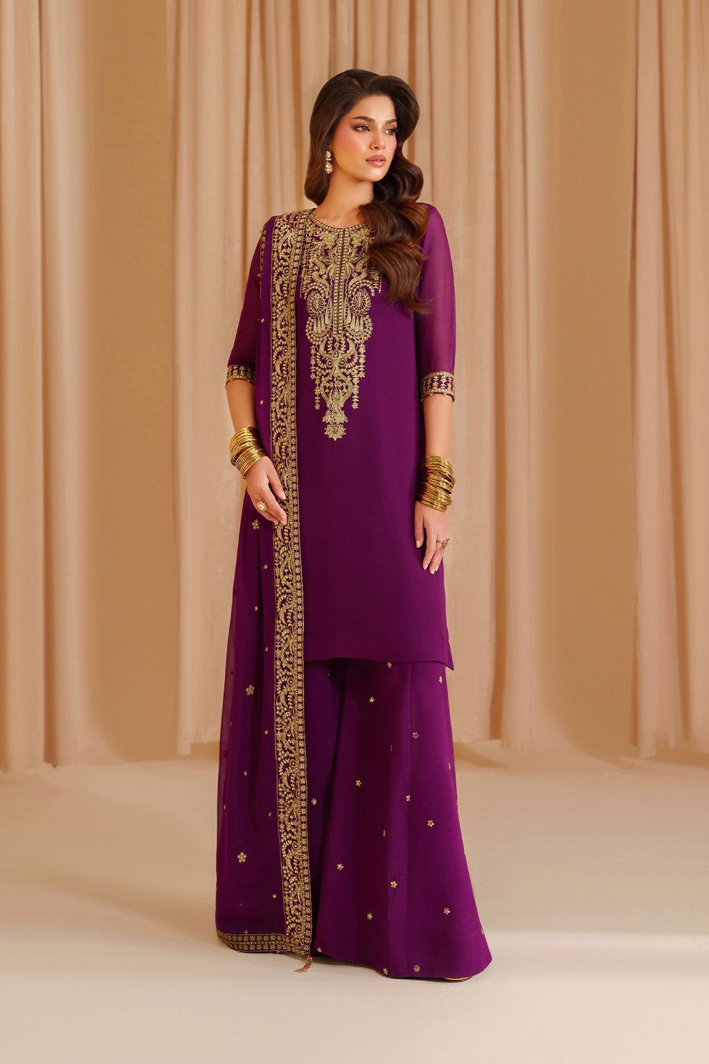 Iznik-Inspired Regal Plum Chiffon Embroidered Suit