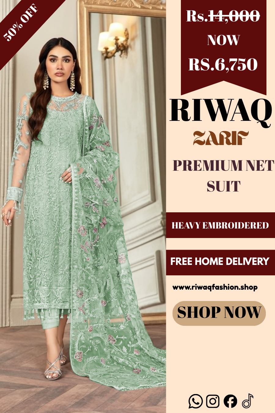 ZARIF Luxury Net Collection – Fully Embroidered Designer Suit with Spangle Work